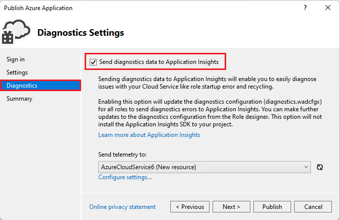 Captura de tela que mostra a caixa de seleção para enviar informações para o Application Insights.