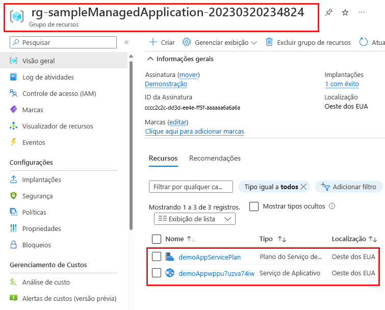 Captura de tela que mostra o grupo de recursos gerenciados que contém os recursos implantados pela definição de aplicativo gerenciado.