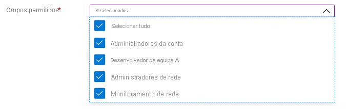 Captura de ecrã do elemento Microsoft.Common.DropDown UI com a seleção múltipla ativada, incluindo uma opção Selecionar tudo.