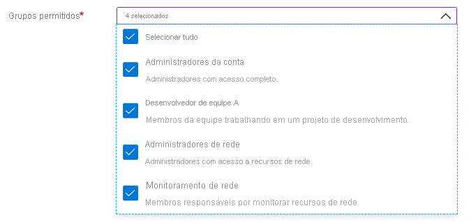 Captura de tela do elemento Microsoft.Common.DropDown UI com a seleção múltipla habilitada e descrições de itens.