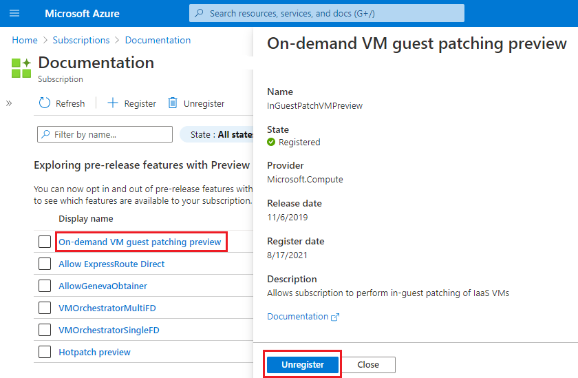 Captura de ecrã do portal do Azure com o botão Cancelar Registo para uma funcionalidade de pré-visualização.