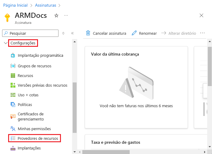 Captura de ecrã a mostrar a seleção de fornecedores de recursos no portal do Azure.