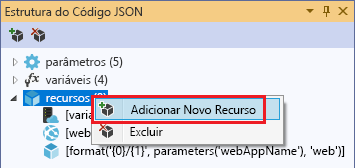 Captura de tela da janela Estrutura de Tópicos JSON realçando a opção Adicionar Novo Recurso.