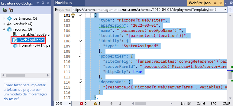 Captura de tela do editor do Visual Studio com um elemento selecionado na janela Estrutura de tópicos JSON.