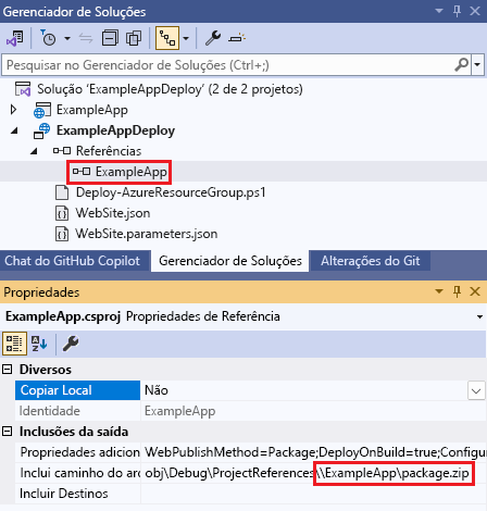 Captura de tela da janela Propriedades exibindo as propriedades de referência para o projeto de aplicativo Web.