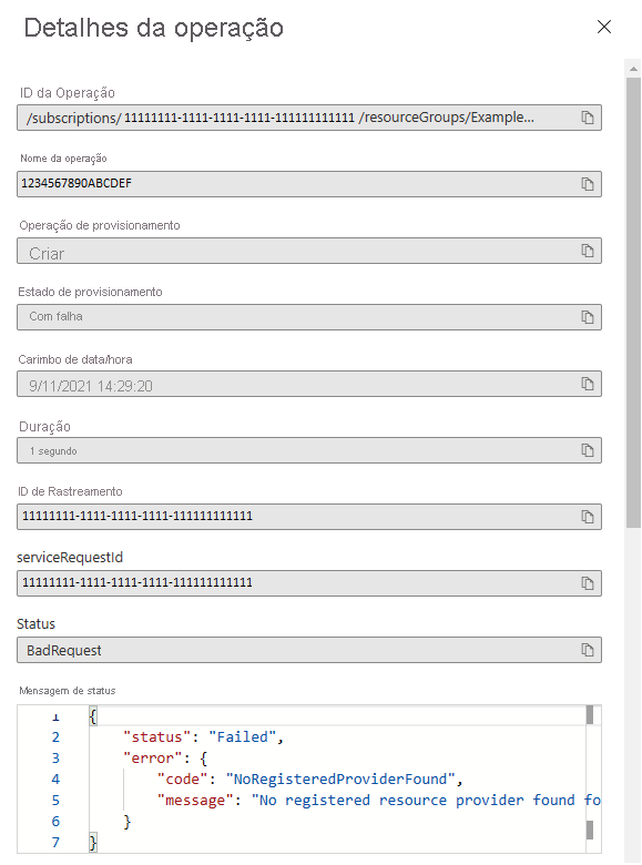 Captura de tela dos detalhes da operação da implantação com falha.
