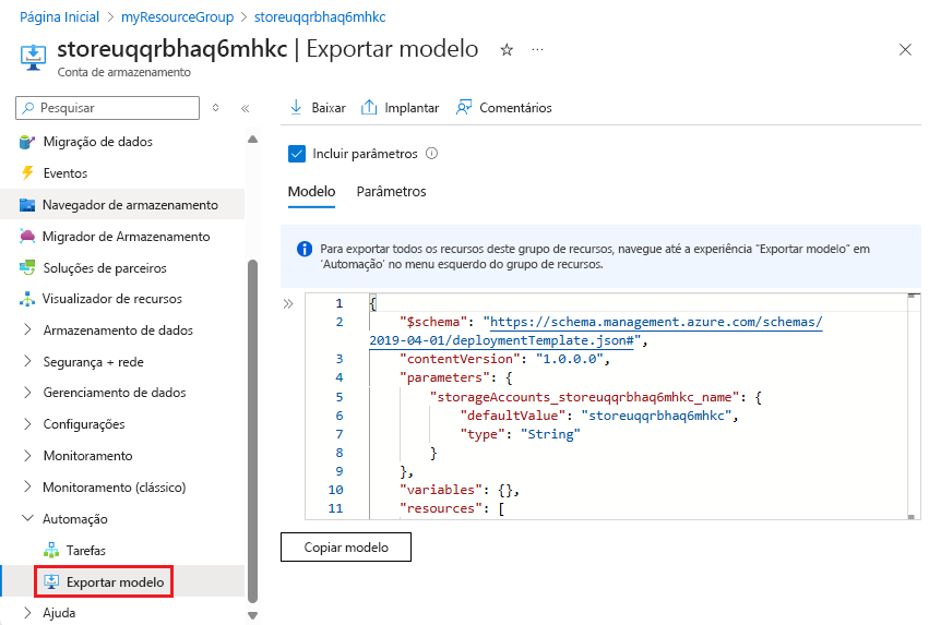 Captura de ecrã da exportação de um único recurso no portal do Azure.