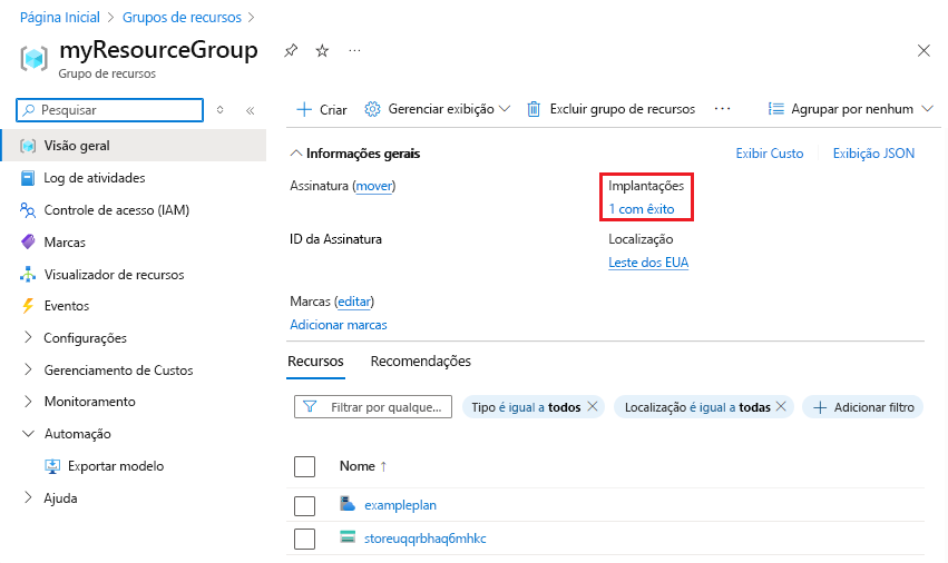 Captura de ecrã a mostrar a seleção do histórico de implementação no portal do Azure.