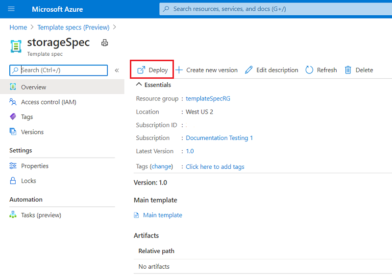 Screenshot of 'Deploy' button in the selected Template spec.