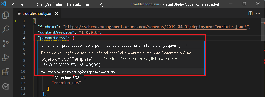 Captura de tela do Visual Studio Code destacando um erro de validação de modelo com uma linha ondulada vermelha sob o erro ortográfico 'parameters:' no código.