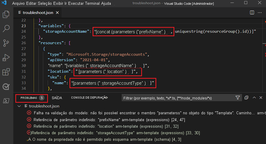 Captura de tela do Visual Studio Code mostrando a guia Problemas listando erros de referência de parâmetros indefinidos para as seções 'variáveis' e 'recursos'.