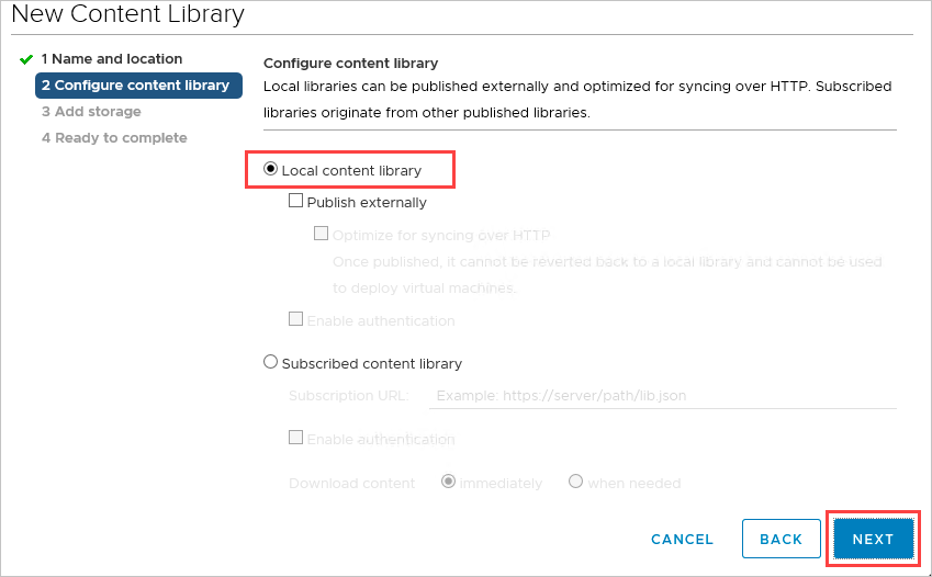 Captura de tela mostrando a opção Biblioteca de conteúdo local selecionada para a nova biblioteca de conteúdo.