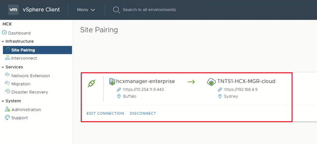 Captura de ecrã que mostra o emparelhamento do HCX Manager na Solução VMware do Azure e do VMware HCX Connector.