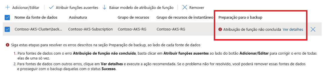 Captura de tela que mostra um erro de validação quando as permissões necessárias não são atribuídas.