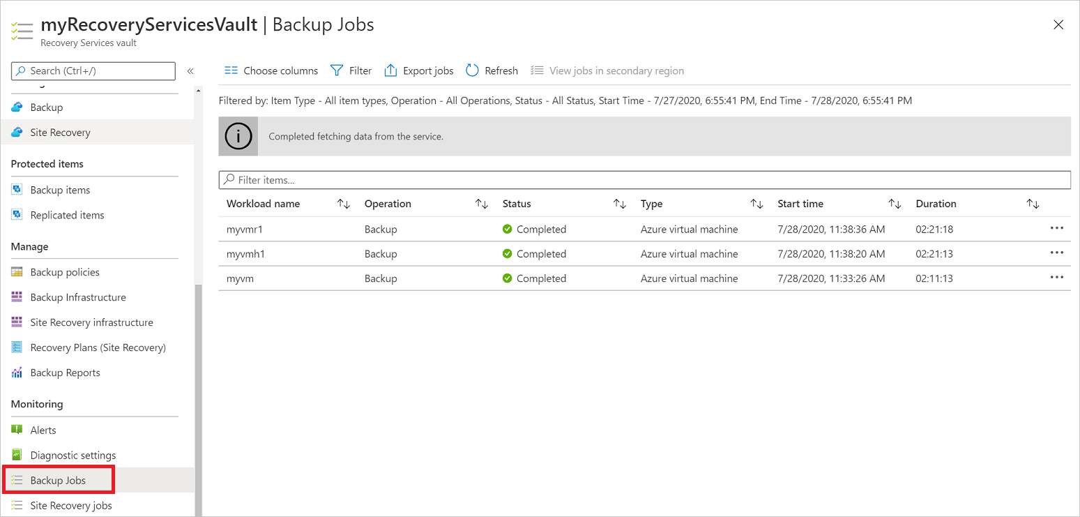 Status do trabalho de backup