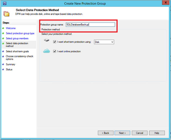 A captura de tela mostra como escolher um método de proteção de dados - proteção de disco de curto prazo ou proteção online do Azure.