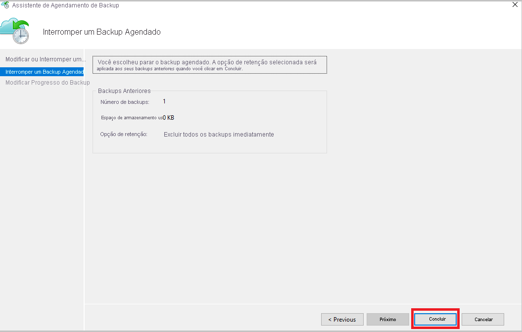 A captura de tela mostra como parar um backup agendado e selecionar concluir.