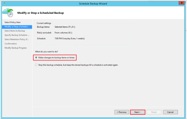 A captura de tela mostra como modificar ou agendar o backup.