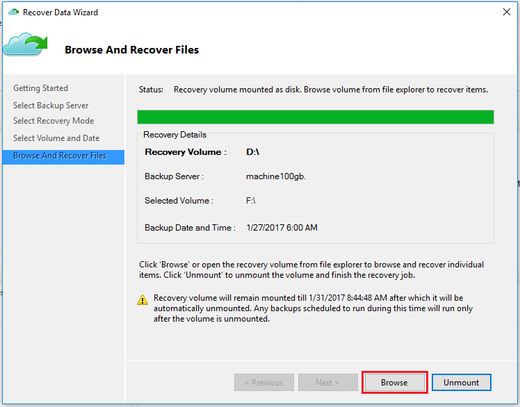 Screenshot da página Recover Data Wizard Browse And Recover Files (restaurar para máquina alternativa)