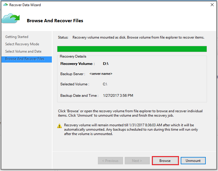 Screenshot da página Recover Data Wizard Browse and Recover Files (restaurar para a mesma máquina)