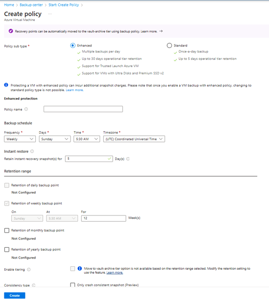 Captura de tela mostrando as opções de política de backup aprimoradas.