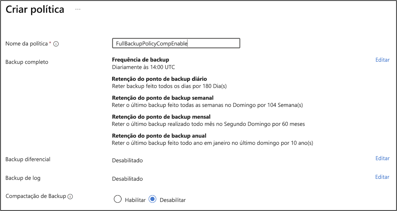 Captura de tela mostrando como criar uma política de backup.