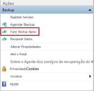 A captura de tela mostra como selecionar Fazer backup agora.