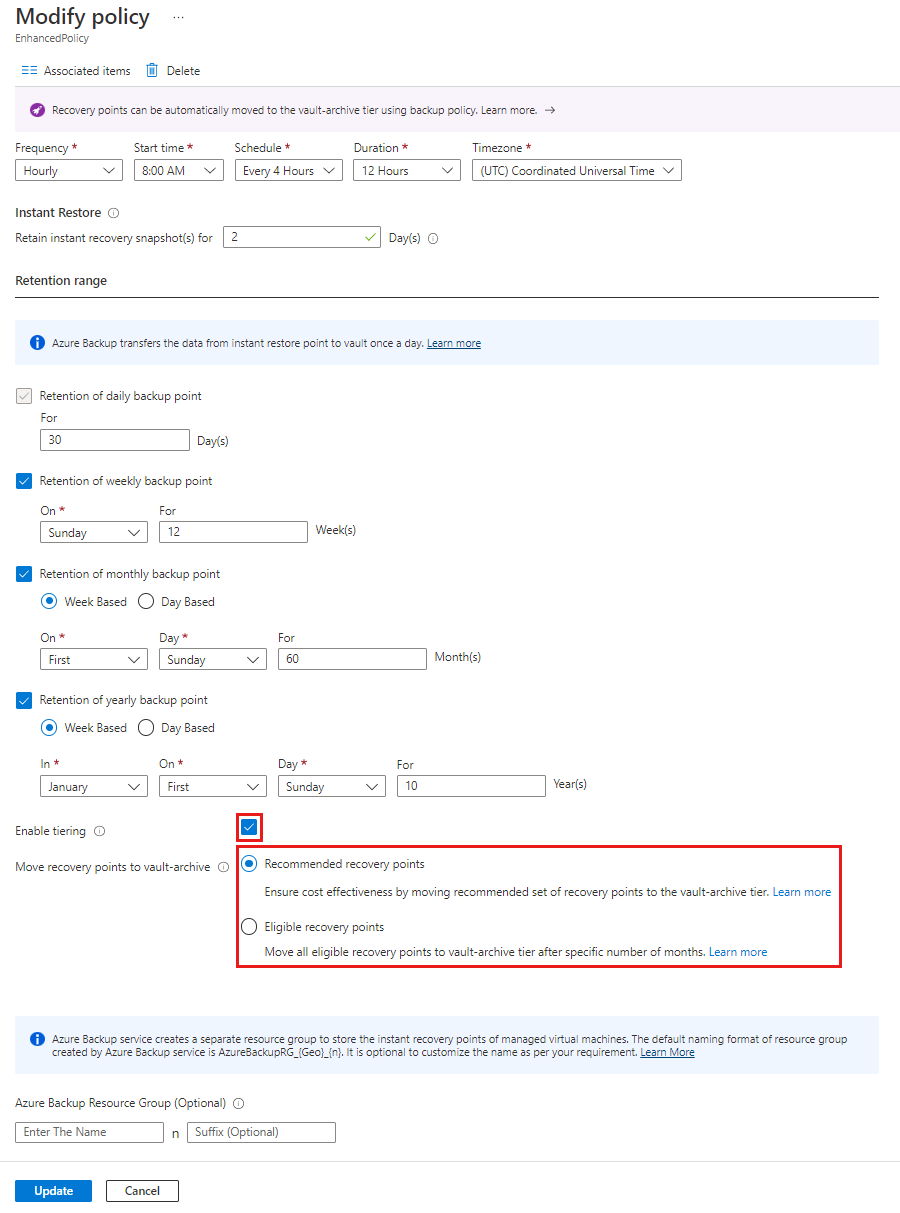 Captura de ecrã a mostrar para selecionar a opção Pontos de recuperação elegíveis.