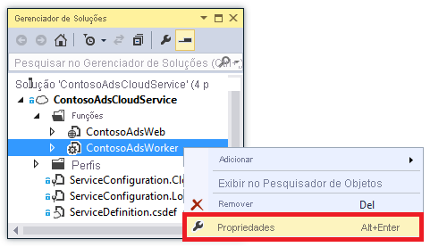 Captura de ecrã que realça a opção de menu Propriedades.