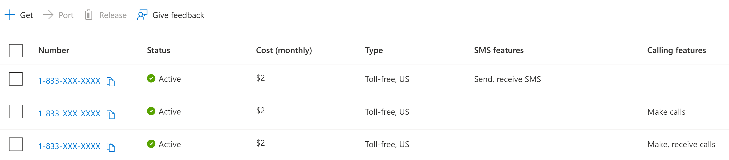 Captura de ecrã a mostrar a página do número de telefone de um Recurso de Serviços de Comunicação.