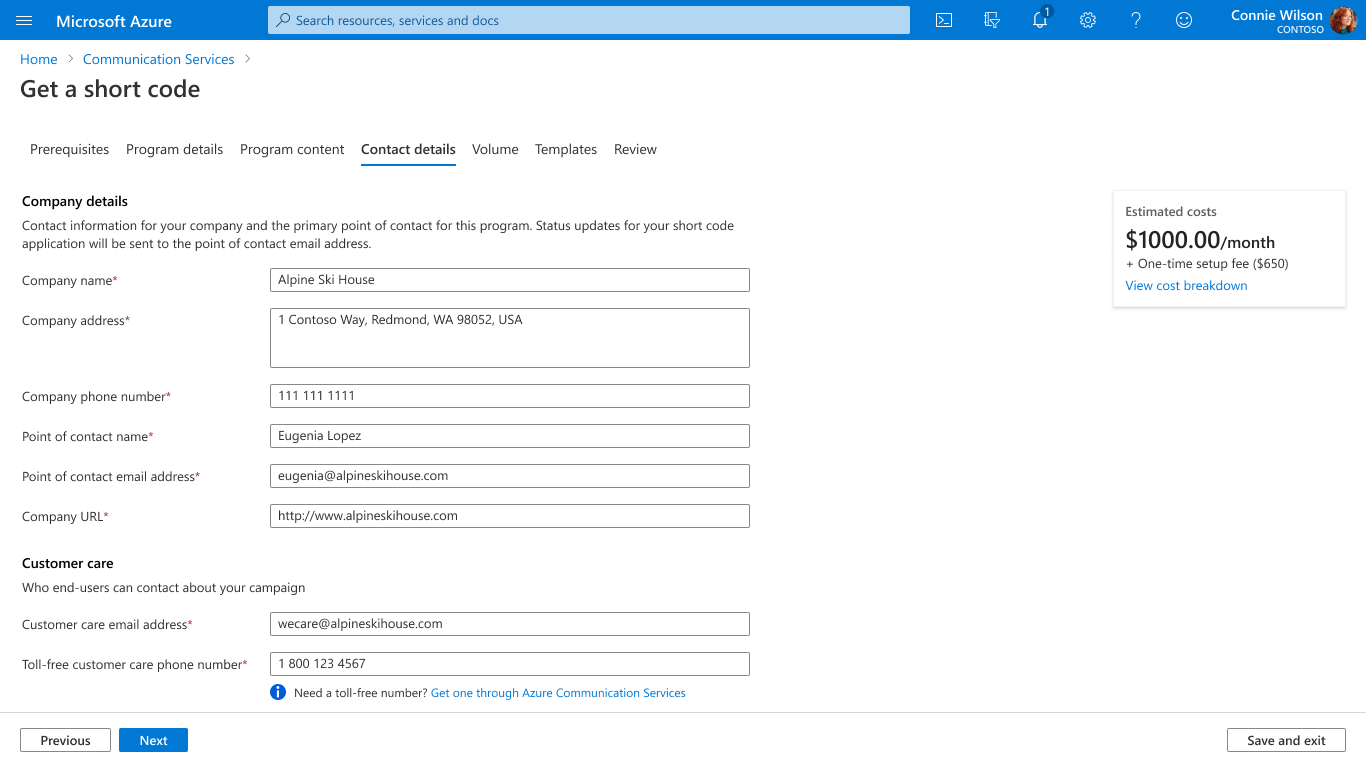 Captura de ecrã a mostrar a secção de detalhes de contacto.