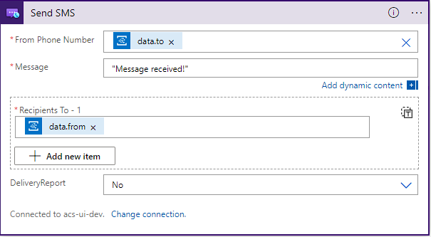 Captura de ecrã a mostrar a configuração do conector SMS.