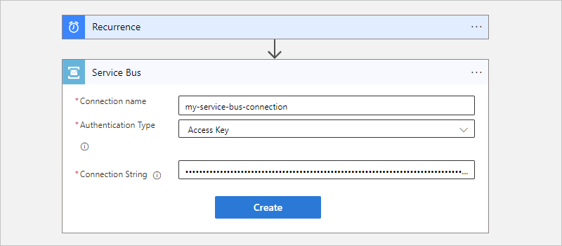 Captura de tela mostrando o fluxo de trabalho de consumo, a ação do Service Bus e informações de conexão de exemplo.