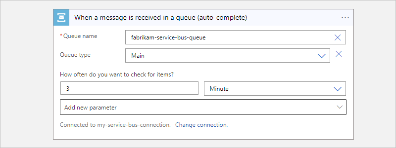 Captura de tela mostrando o fluxo de trabalho de consumo, o gatilho do Service Bus e informações de gatilho de exemplo.