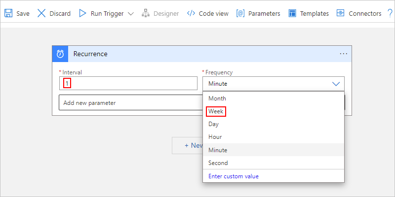 Captura de tela para o designer de fluxo de trabalho de consumo com intervalo de gatilho e frequência de recorrência.