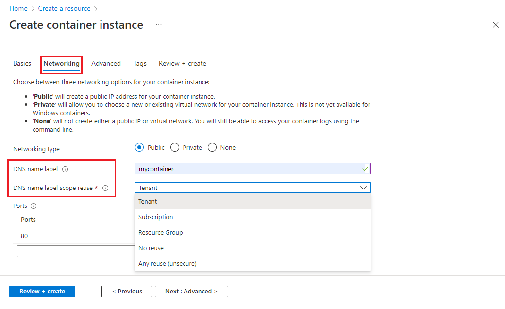 Definindo configurações de rede para uma nova instância de contêiner no portal do Azure