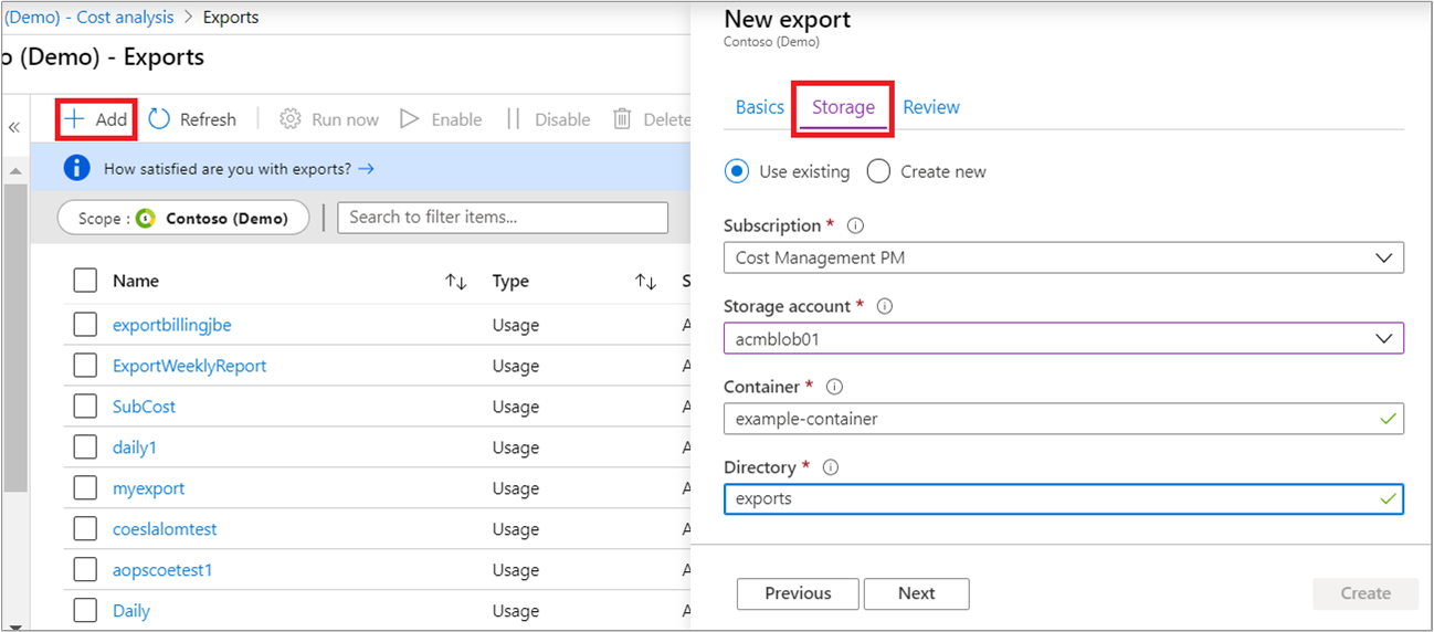 Captura de tela mostrando adicionar nova exportação e selecione a guia Armazenamento.