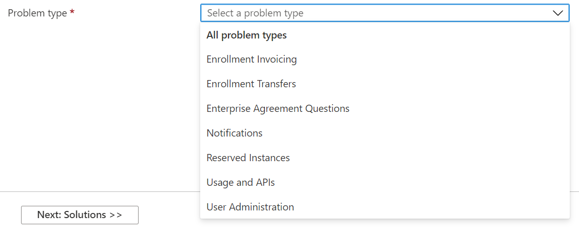 Captura de ecrã a mostrar Selecionar um tipo de problema.