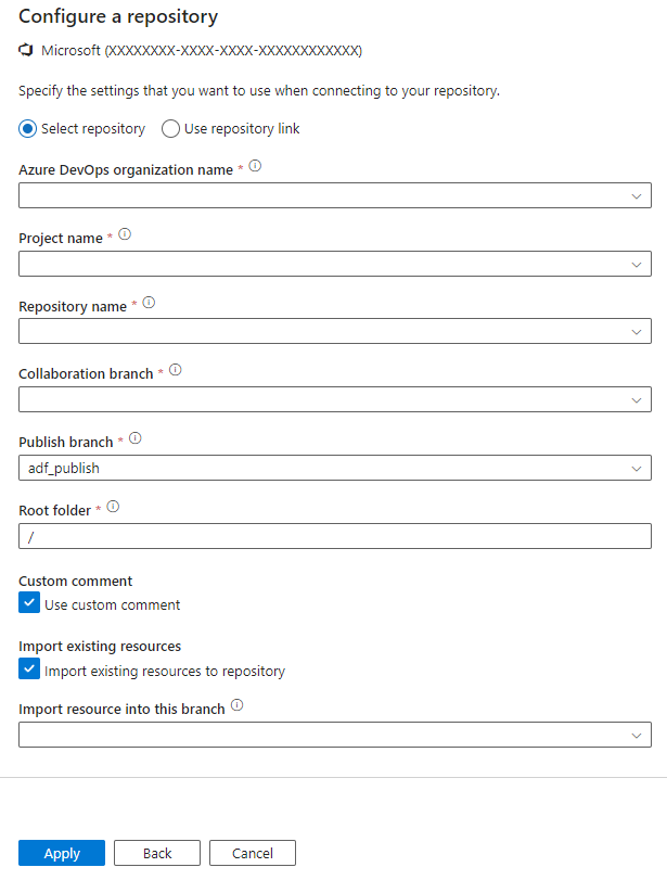 Captura de tela mostrando as configurações de Configurar um repositório.