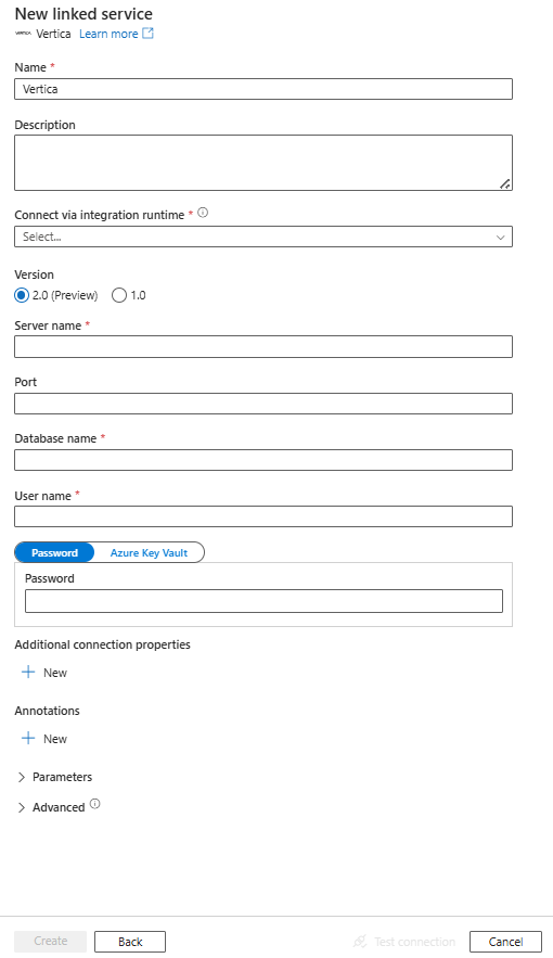 Captura de tela da configuração do serviço vinculado para Vertica.