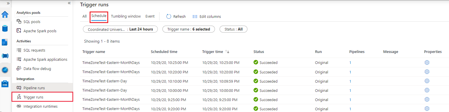 Captura de tela que mostra o monitoramento do agendamento para execuções de gatilho no Synapse Analytics.