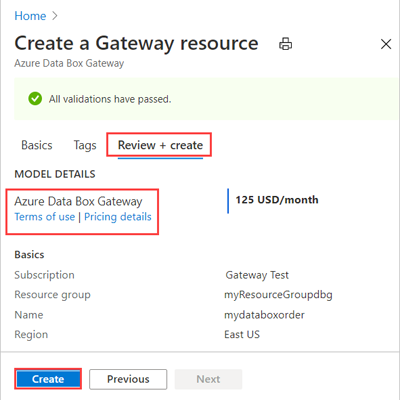 Captura de tela dos detalhes do recurso Data Box Gateway exibidos para revisão.