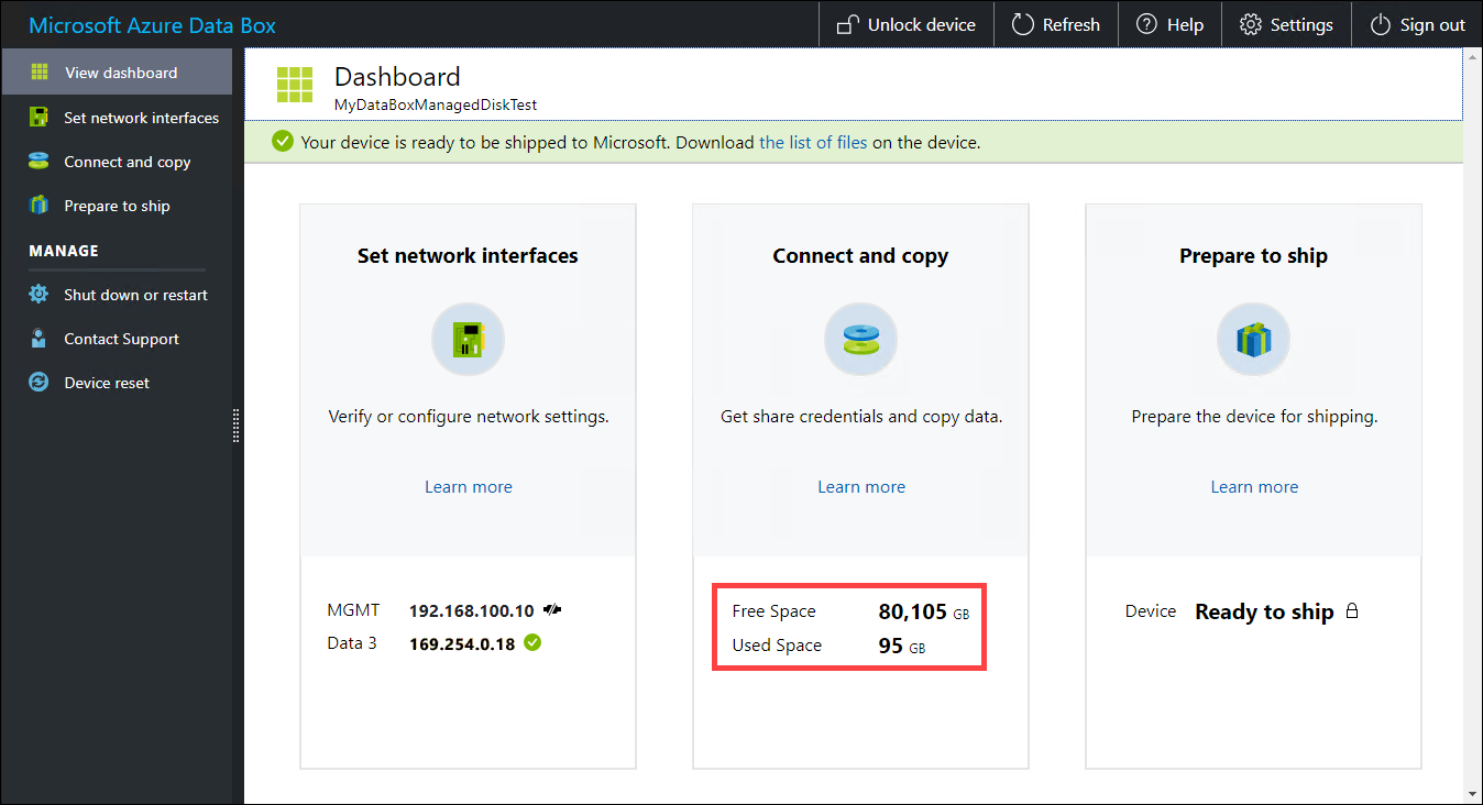 Verificar o espaço livre e utilizado no dashboard