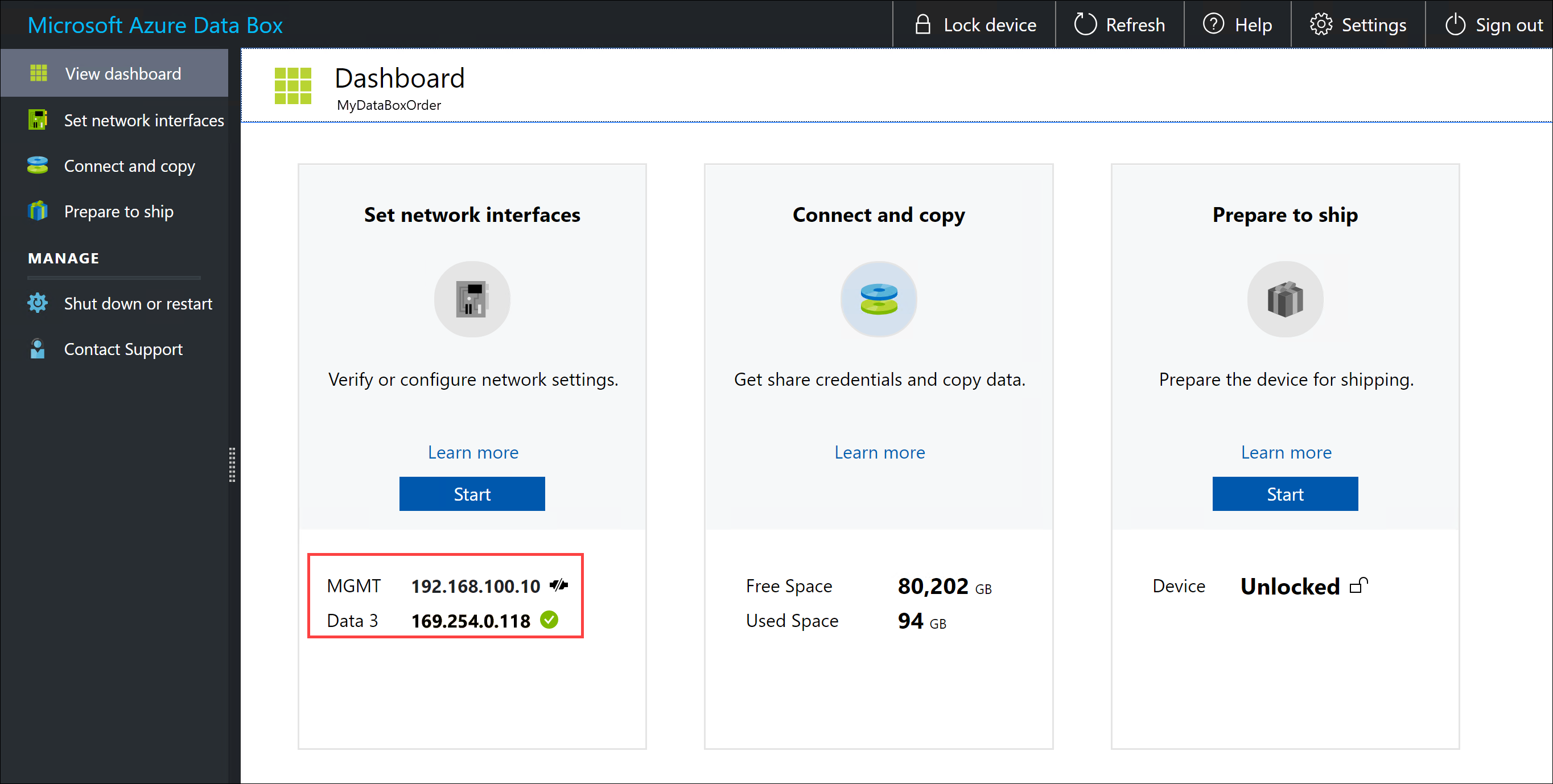 Dashboard do dispositivo