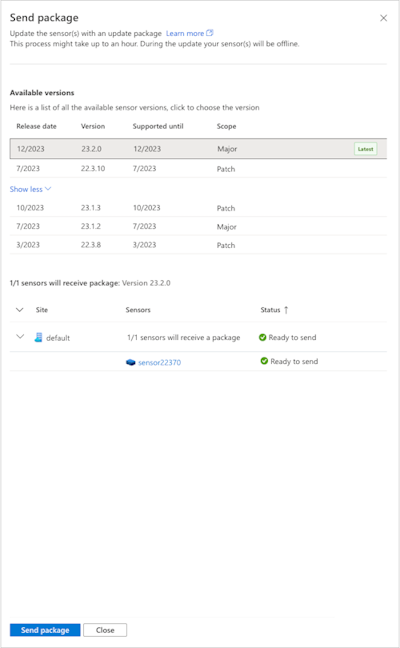 Captura de tela do painel de atualização do sensor com a opção de escolher a versão de atualização do sensor.