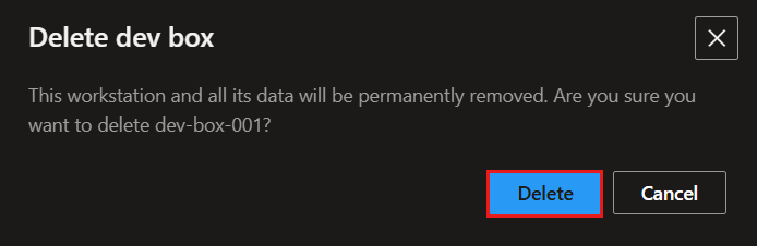 Captura de ecrã da mensagem de confirmação depois de selecionar para eliminar uma caixa de desenvolvimento.