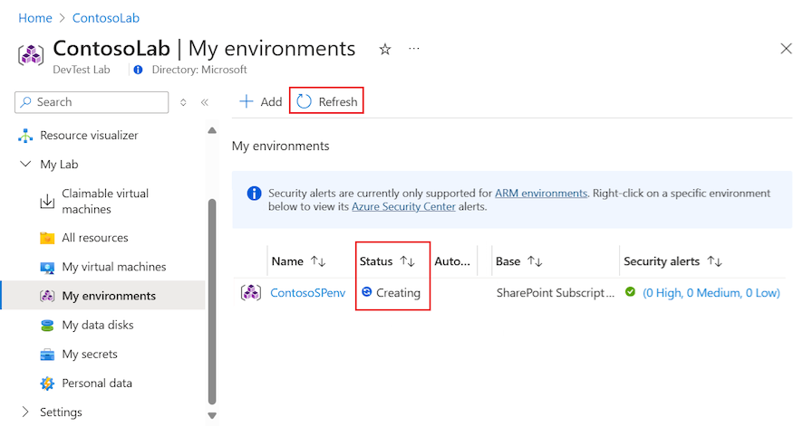 Captura de tela que mostra como ver o status de provisionamento para o ambiente de laboratório.