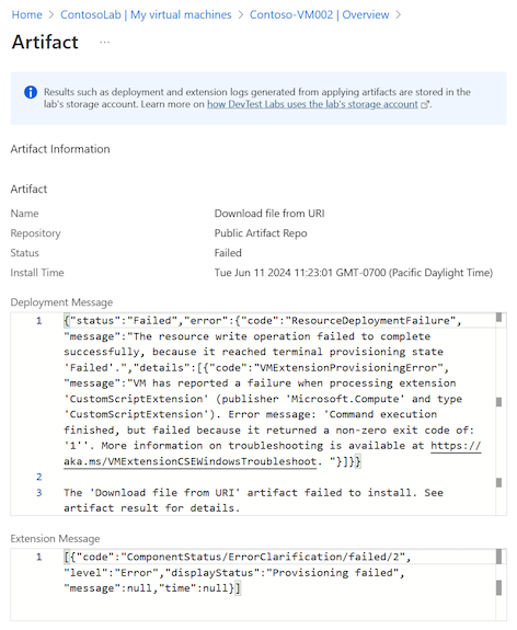 Captura de tela dos detalhes do artefato com falha, incluindo informações de mensagem de implantação e extensão.