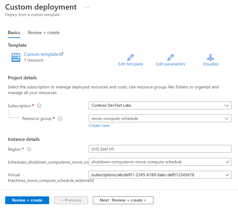 Captura de tela que mostra a página de implantação personalizada, com novos valores de local para as configurações relevantes.