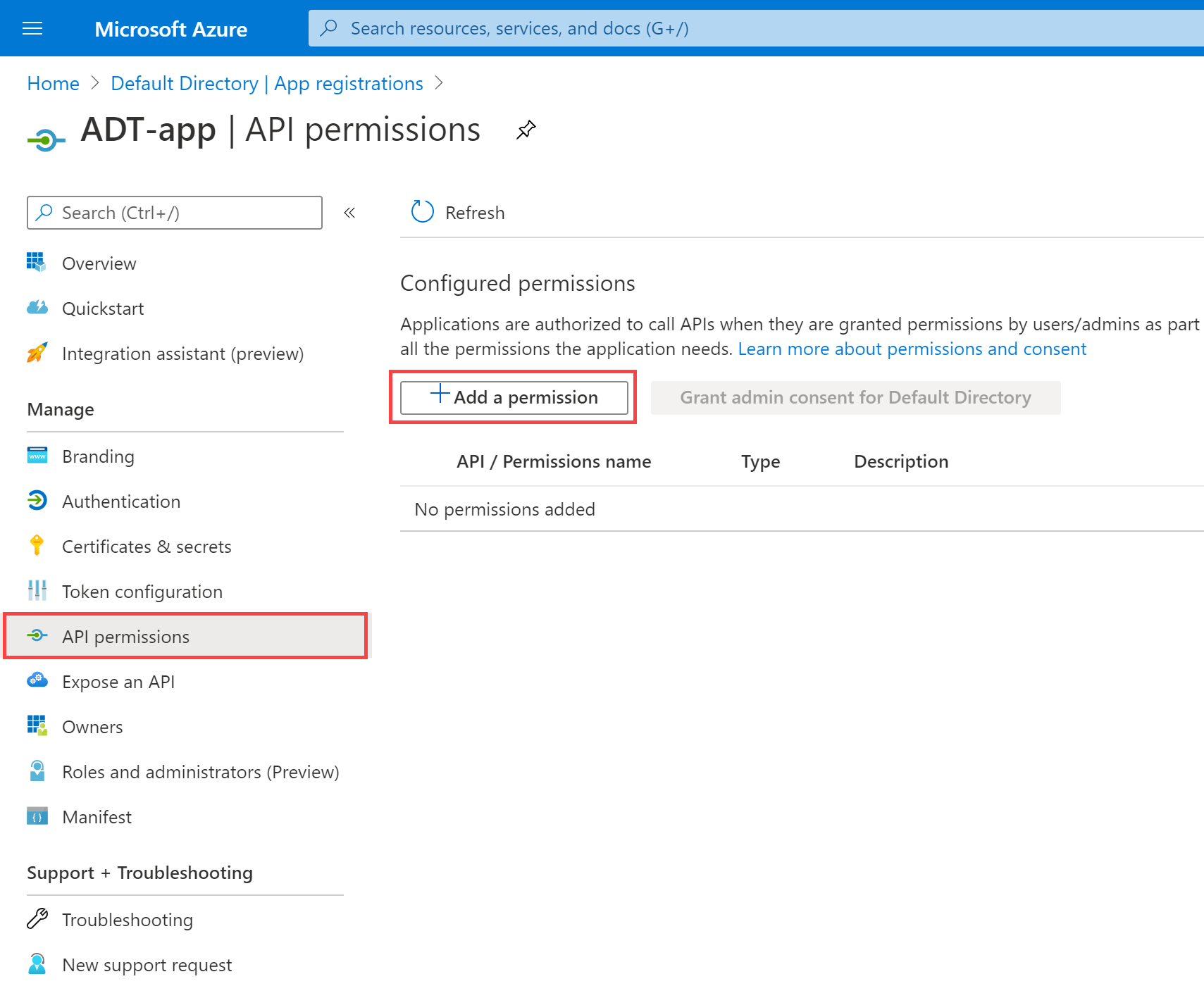 Captura de ecrã do registo da aplicação no portal do Azure, realçando a opção de menu 'Permissões de API' e o botão 'Adicionar uma permissão'.